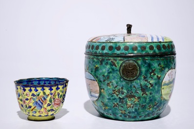 A Chinese Canton enamel cup and saucer and a covered bowl, 18/19th C.
