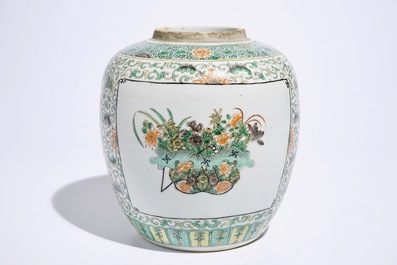 A Chinese famille verte dish and a doucai plate, Kangxi, and a ginger jar, 19th C.