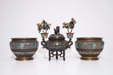 A Japanese censer, a pair of urns and two semi-precious stone trees in bronze and champlev&eacute;, Meiji, 19/20th C.