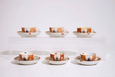 Six Chinese rose-imari cups and saucers, 18/19th C.