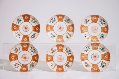 Six Chinese rose-imari cups and saucers, 18/19th C.