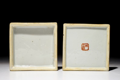 Twee Chinese qianjiang cai zegelwasdoosjes met deksels, 19/20e eeuw
