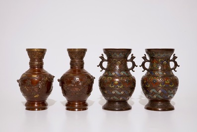 Two pairs of Japanese bronze and champlev&eacute; vases, Meiji, 19th C.