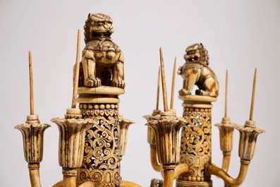 An exceptional pair of large Chinese reticulated ivory candlesticks, 18/19th C.