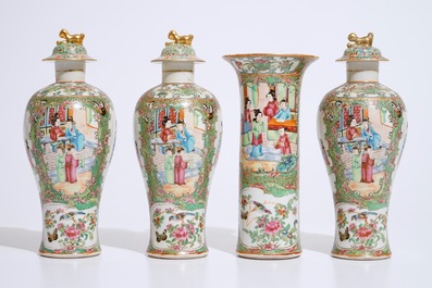 A four-piece Chinese Canton rose medallion garniture of vases, 19th C.