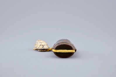 A Japanese four-case lacquer inro with ivory turtle netsuke, Meiji, 19th C.