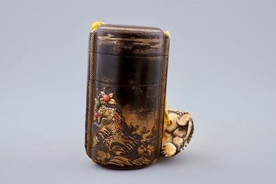 A Japanese four-case lacquer inro with ivory turtle netsuke, Meiji, 19th C.