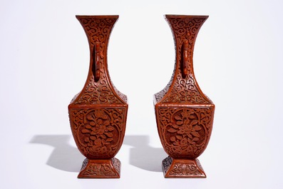 A pair of Chinese cinnabar lacquer vases, 19th C.