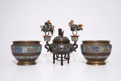 A Japanese censer, a pair of urns and two semi-precious stone trees in bronze and champlev&eacute;, Meiji, 19/20th C.