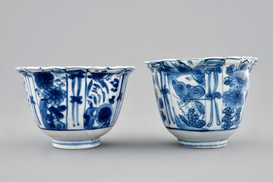 Two Chinese blue and white crow cups, Ming, Wanli