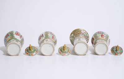 A four-piece Chinese Canton rose medallion garniture of vases, 19th C.