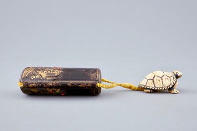 A Japanese four-case lacquer inro with ivory turtle netsuke, Meiji, 19th C.