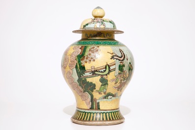 A Chinese famille verte on yellow ground baluster jar and cover, 19th C.