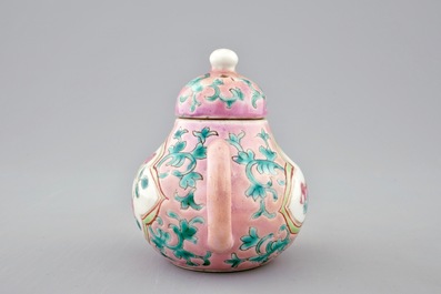 An unusual Chinese pink ground miniature teapot and cover, 19th C.