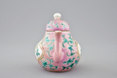 An unusual Chinese pink ground miniature teapot and cover, 19th C.