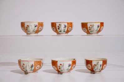 Six tasses et soucoupes en porcelaine de Chine rose imari, 18/19&egrave;me