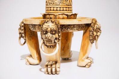 An exceptional pair of large Chinese reticulated ivory candlesticks, 18/19th C.