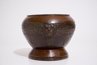 A Chinese bronze alms bowl, Xuande mark, 19/20th C.