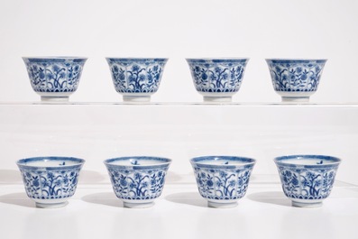 A set of eight Chinese blue and white cups and saucers, 19th C.