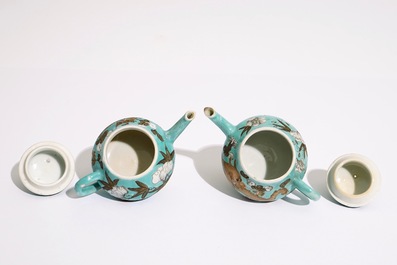 A pair of Chinese turquoise ground miniature teapots and cover in Dayazhai style, 19th C.