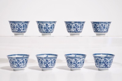 A set of eight Chinese blue and white cups and saucers, 19th C.