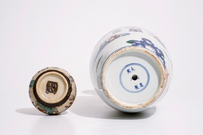 A Chinese doucai vase, Kangxi mark, with a Nanking famille rose crackle glaze vase, 19/20th C.