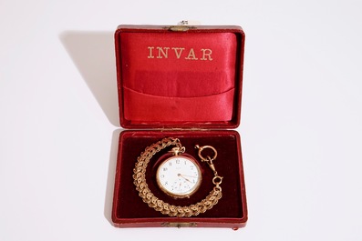 A 14k gold Swiss Invar pocket watch in original case, early 20th C.