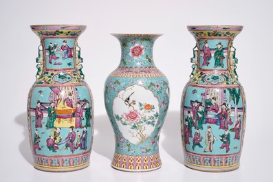 A pair of Chinese famille rose on turquoise ground vases, 19th C., and a vase with Qianlong mark, 20th C.