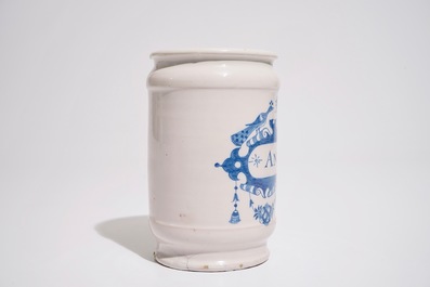 A Dutch Delft blue and white albarello-shaped pharmacy drug jar, 18th C.