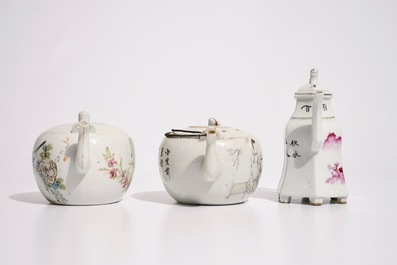 Two Chinese qianjiang cai teapots and a wine jug, 19/20th C.