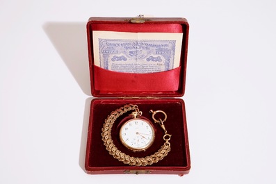 A 14k gold Swiss Invar pocket watch in original case, early 20th C.