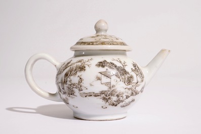 Une th&eacute;i&egrave;re en porcelaine de Chine grisaille &agrave; d&eacute;cor d'un paysage, Yongzheng
