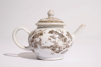 A Chinese grisaille miniature teapot with a landscape design, Yongzheng