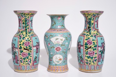 A pair of Chinese famille rose on turquoise ground vases, 19th C., and a vase with Qianlong mark, 20th C.