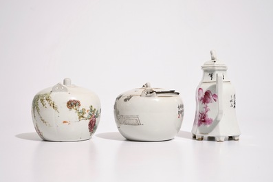 Two Chinese qianjiang cai teapots and a wine jug, 19/20th C.