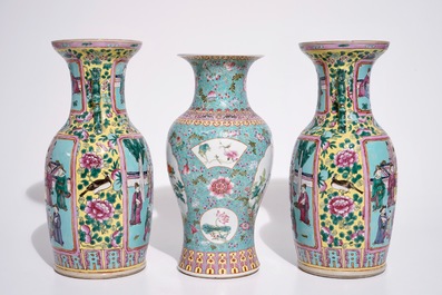 A pair of Chinese famille rose on turquoise ground vases, 19th C., and a vase with Qianlong mark, 20th C.