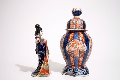 A Japanese Imari vase on stand and a Kutani model of a bijin, Meiji, 19th C.