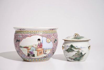 Un bol couvert en porcelaine de Chine qianjiang cai et un pot &agrave; fleurs en famille rose, 19/20&egrave;me