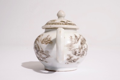 A Chinese grisaille miniature teapot with a landscape design, Yongzheng