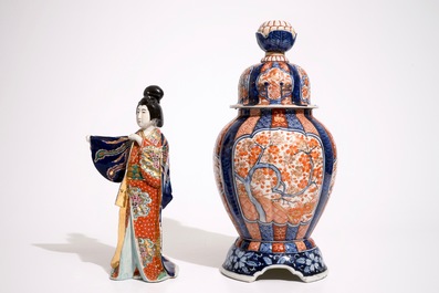 A Japanese Imari vase on stand and a Kutani model of a bijin, Meiji, 19th C.