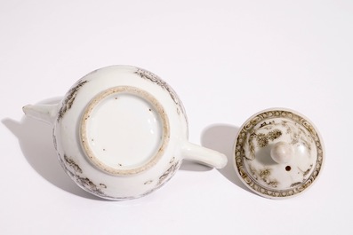 A Chinese grisaille miniature teapot with a landscape design, Yongzheng