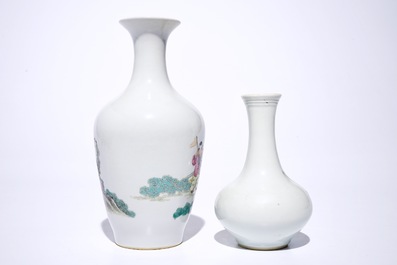 A Chinese famille rose vase with playing boys and a qianjiang cai landscape vase, 20th C
