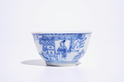 Zes blauw-witte Chinese koppen en schotels, Kangxi/Yongzheng