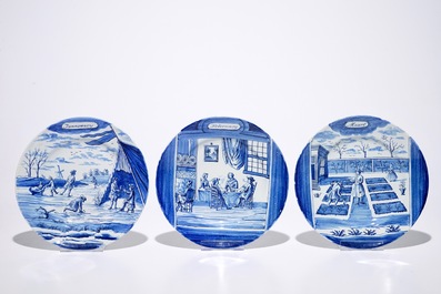 Een complete reeks blauw-witte Delftse maandborden, Makkum, eind 19e eeuw