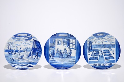 A complete series of twelve Dutch Delft blue and white month plates, Makkum, late 19th C.