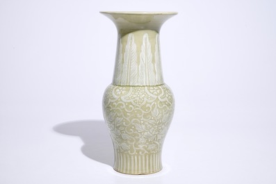 Th&eacute;odore Deck (1823-1891), attr., a slip-decorated celadon chinoiserie yenyen vase, France, 19th C.
