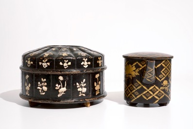 Two Japanese lacquer and mother of pearl boxes and a teapot, Meiji, 19/20th C.