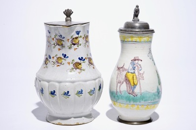 Two polychrome pewter-mounted faience jugs, North of France and Austria, 18th C.