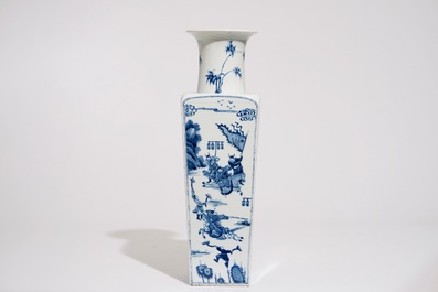 A Chinese blue and white tapering square-section vase, Kangxi mark, 19/20th C.
