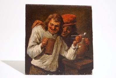 In de stijl van Egbert Van Heemskerk II (1610-1680), &quot;Twee drinkebroers met steengoed kruiken&quot;, olie op paneel